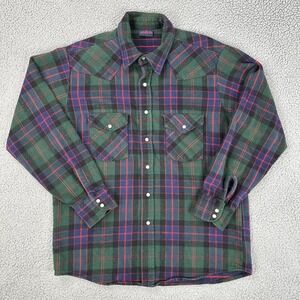 Vtg Dakota Flannel Shirt Men Large Multicolored Pearl Snap Made In USA Cotton